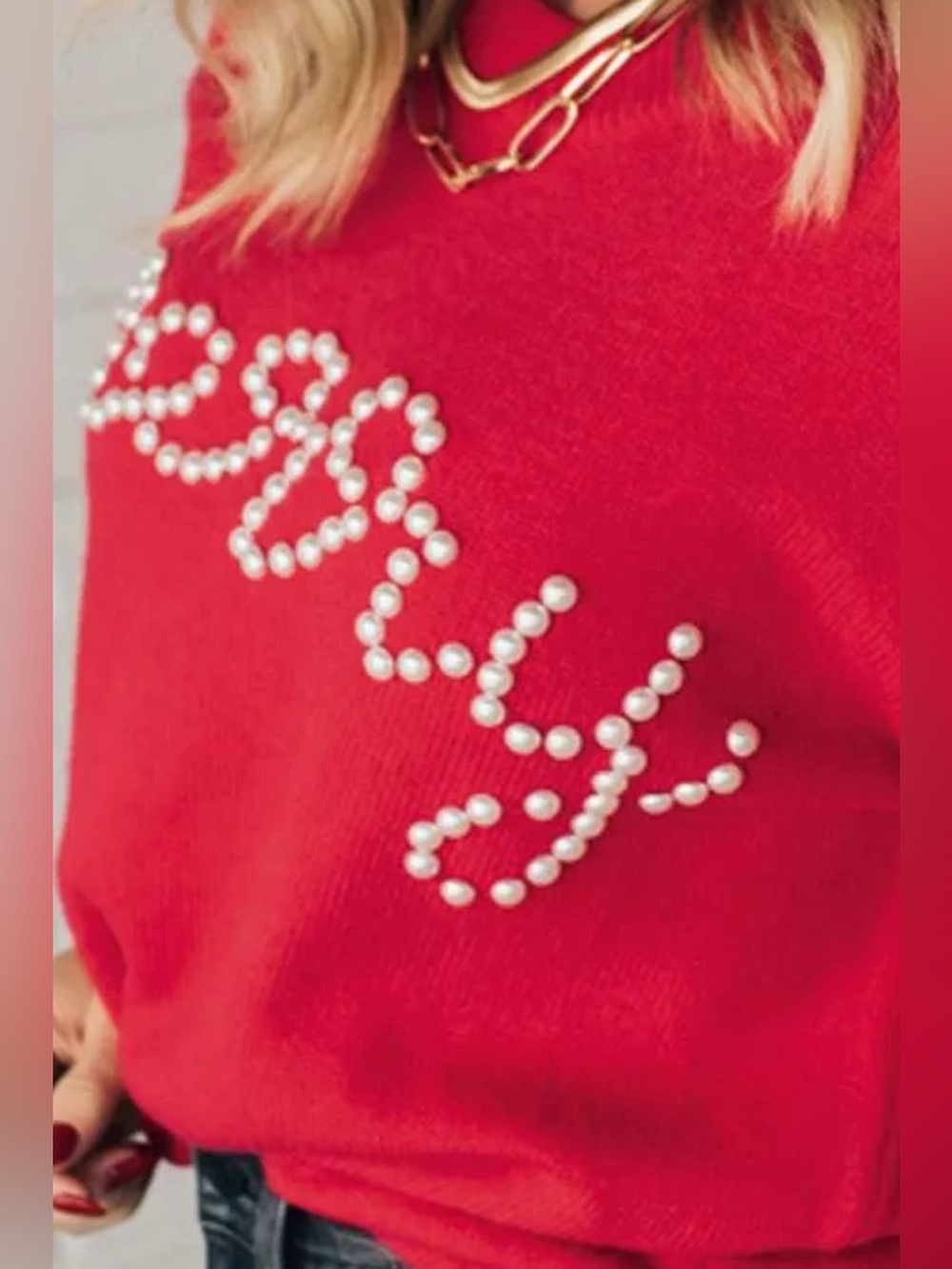 Letter Pearl Detail Round Neck Long Sleeve Sweater - Picture 2 of 4